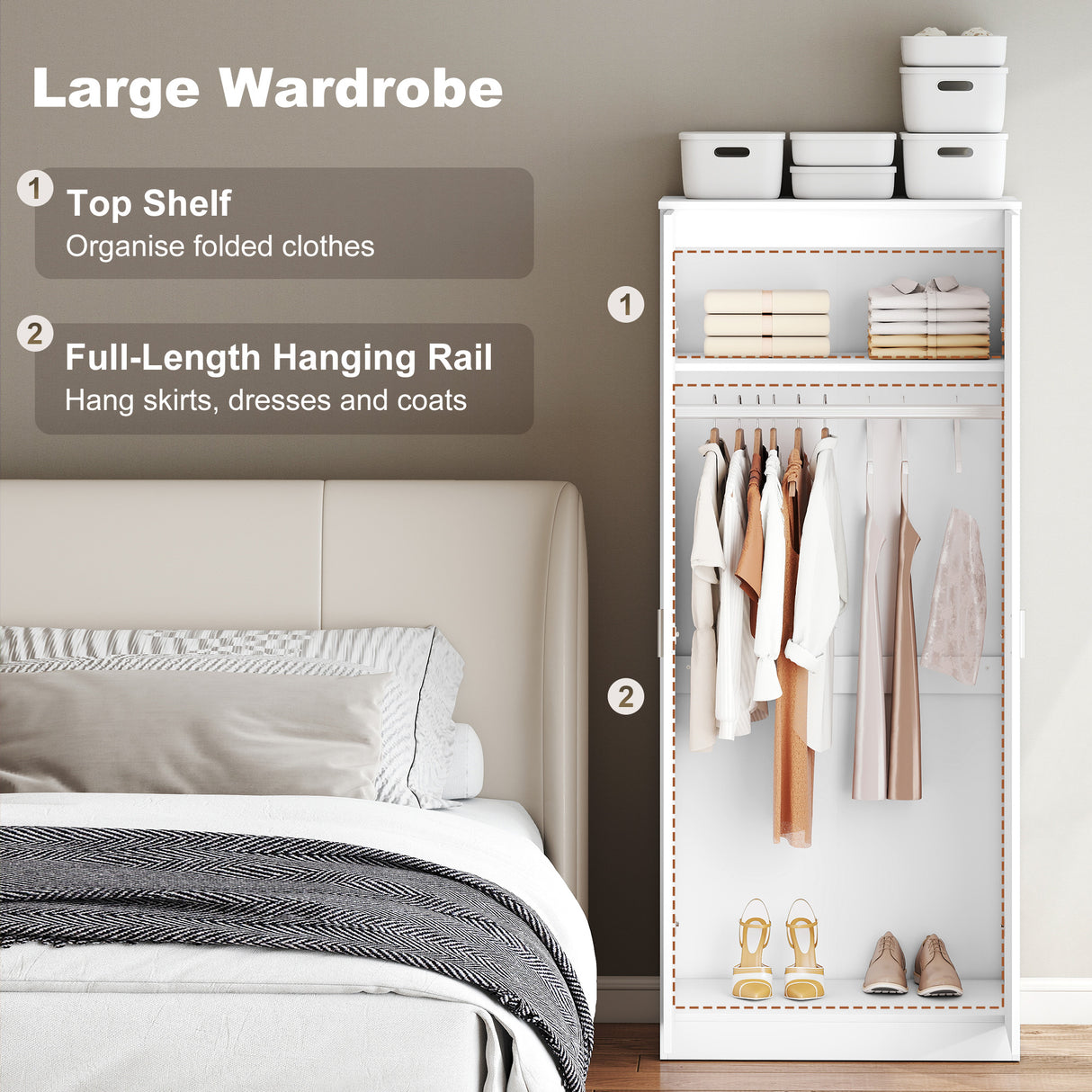 High Gloss 3 Piece Bedroom Furniture Set With 2 Doors Wardrobe - Velmora
