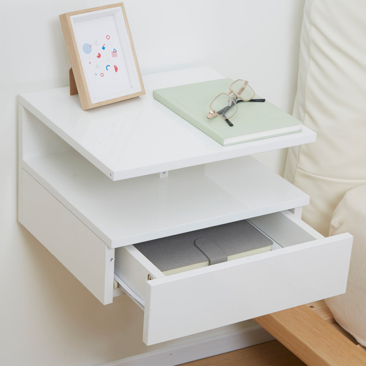 High Gloss Bedside Cabinet 35cm Wide Wall Hung With 1 Drawer - Velmora