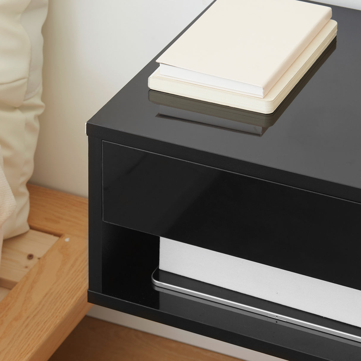 High Gloss Bedside Cabinet 37cm Wide Wall Hung With 1 Drawer in Set Of 2 - Velmora