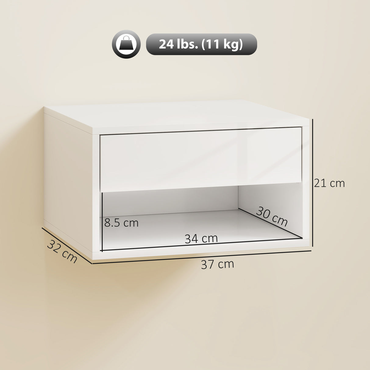 High Gloss Bedside Cabinet 37cm Wide Wall Mounted With 1 Drawer in Set Of 2 - Velmora