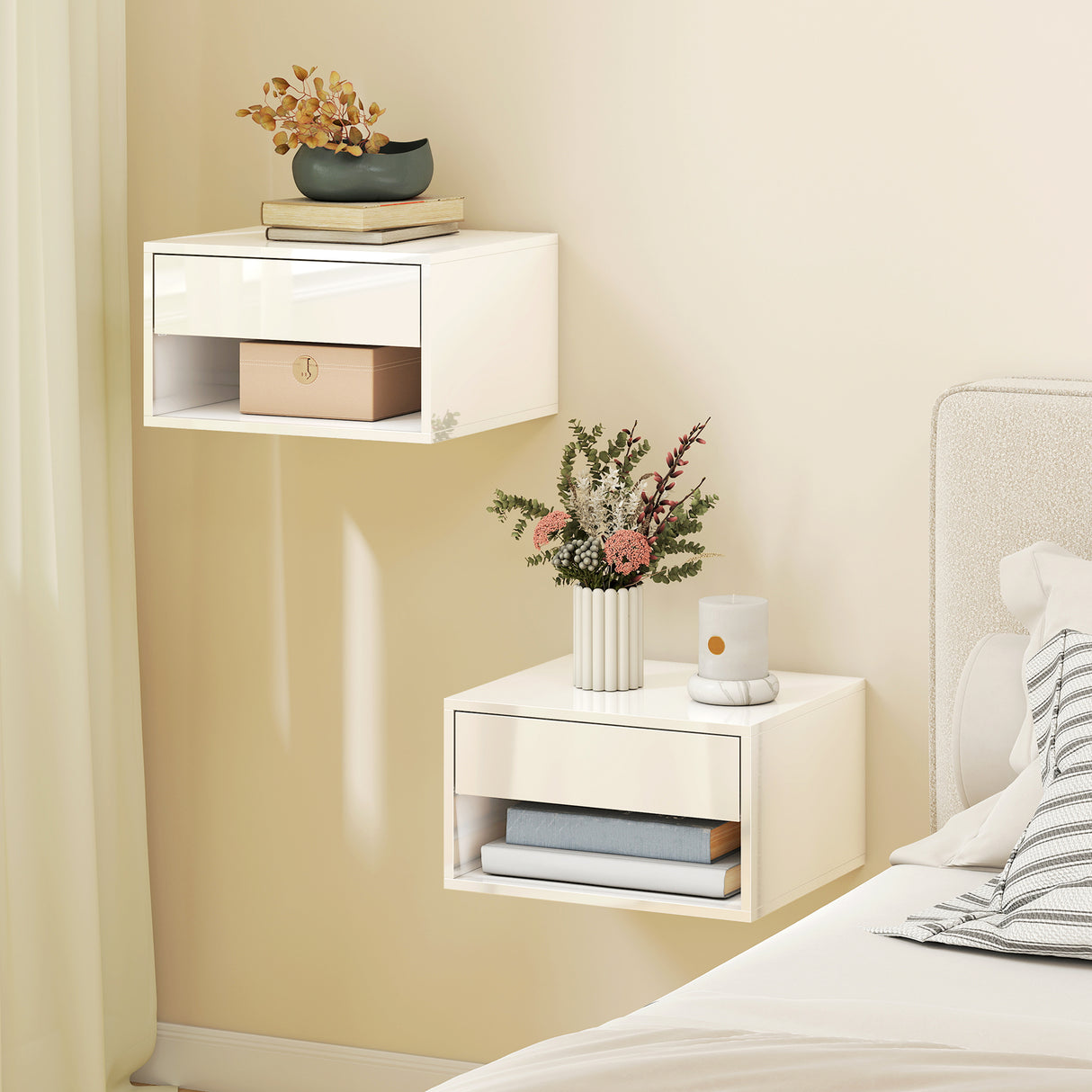 High Gloss Bedside Cabinet 37cm Wide Wall Mounted With 1 Drawer in Set Of 2 - Velmora