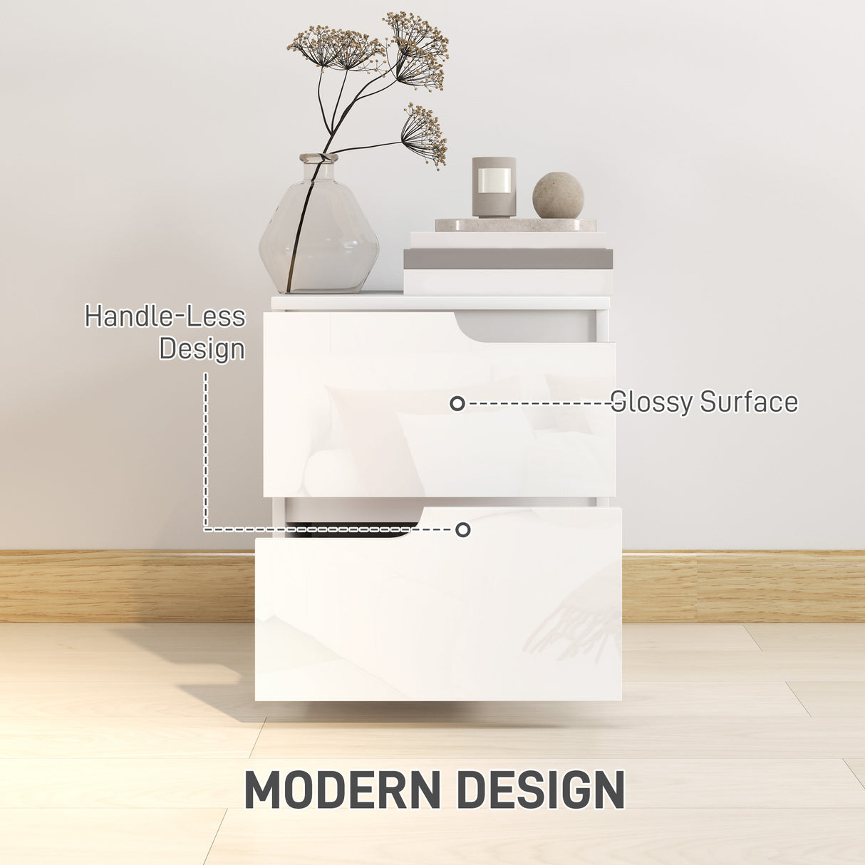 High Gloss Bedside Cabinet 40cm Wide With 2 Drawers in Set Of 2 - Velmora