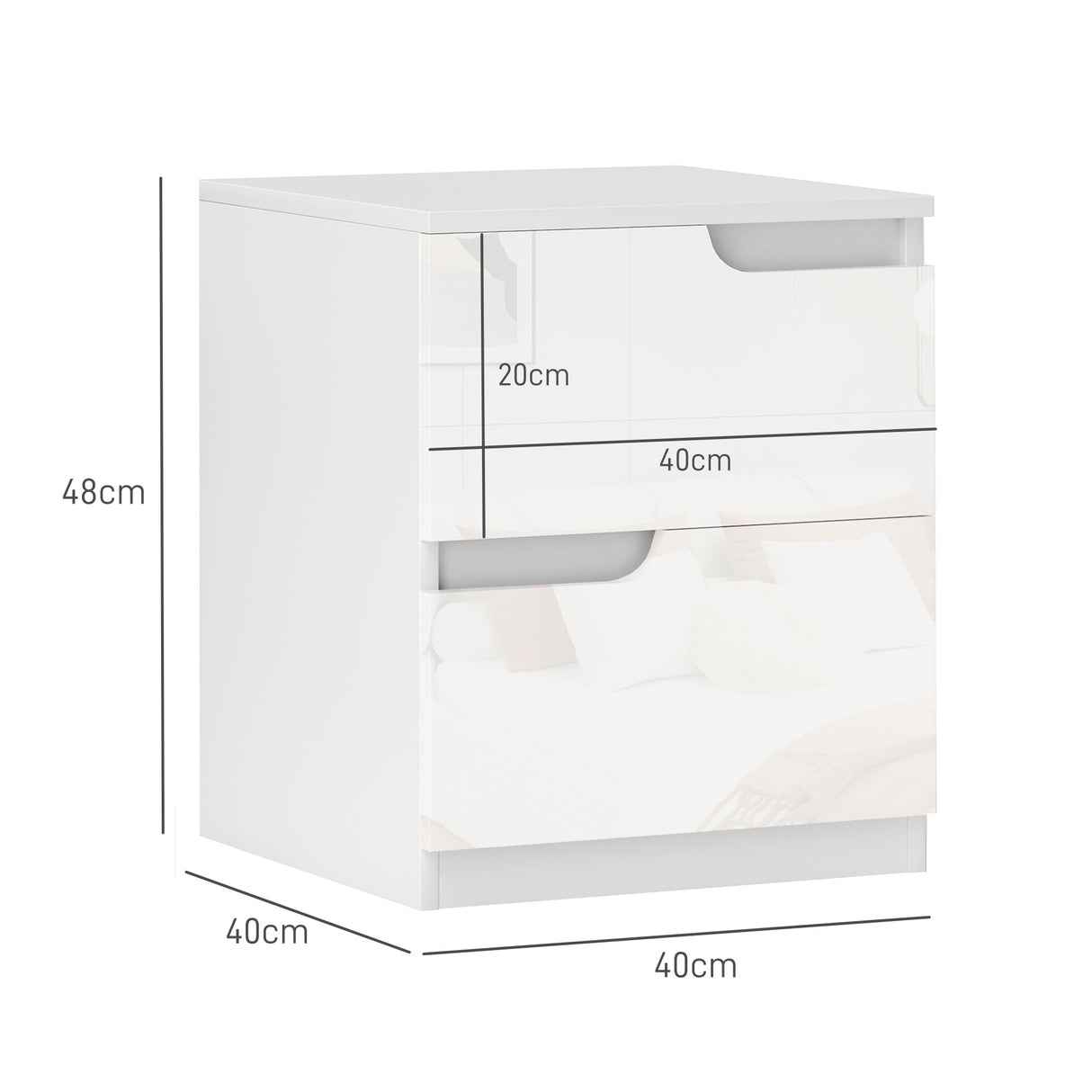 High Gloss Bedside Cabinet 40cm Wide With 2 Drawers - Velmora