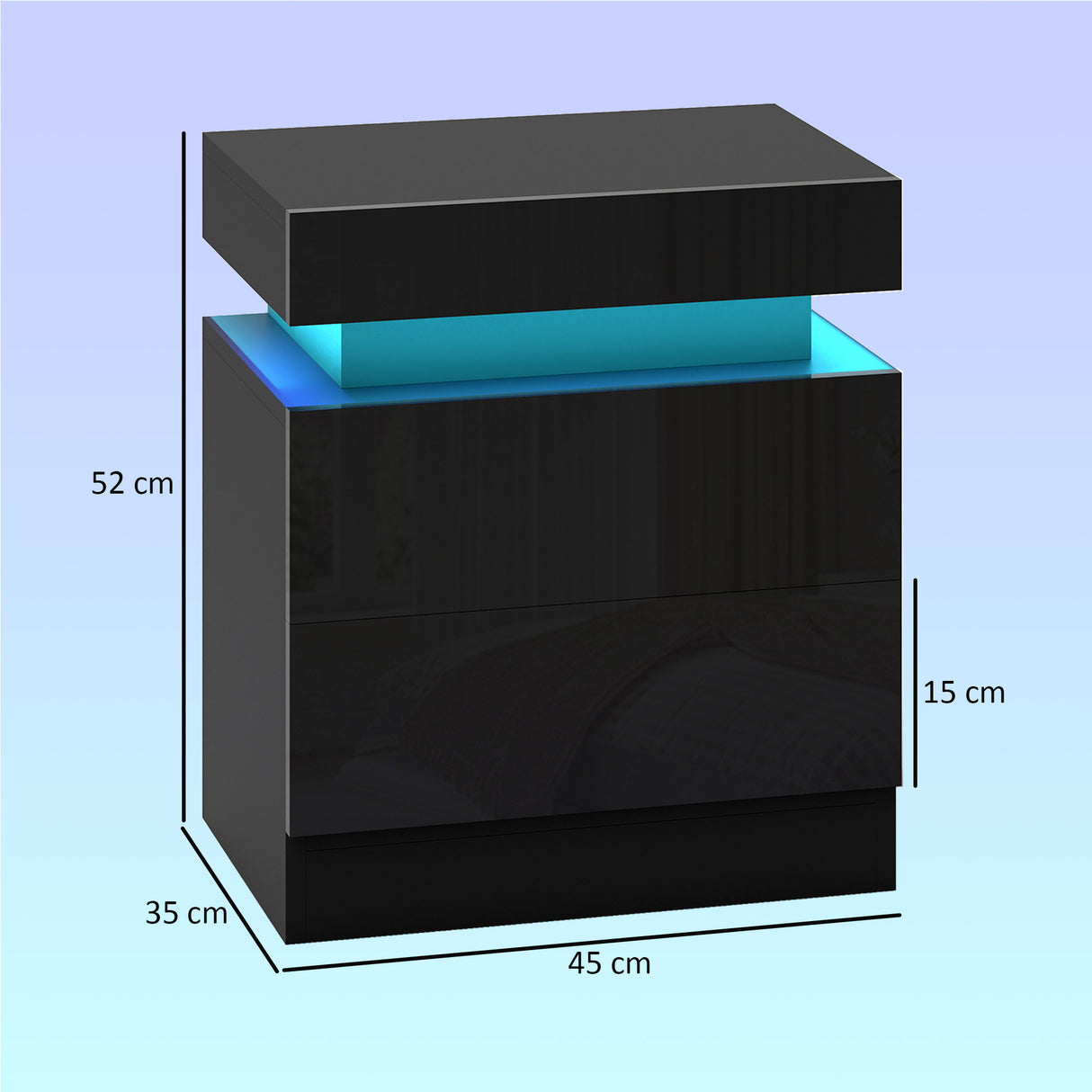 High Gloss Bedside Cabinet 45cm Wide With 2 Drawers And LED Lights in Set Of 2 - Velmora