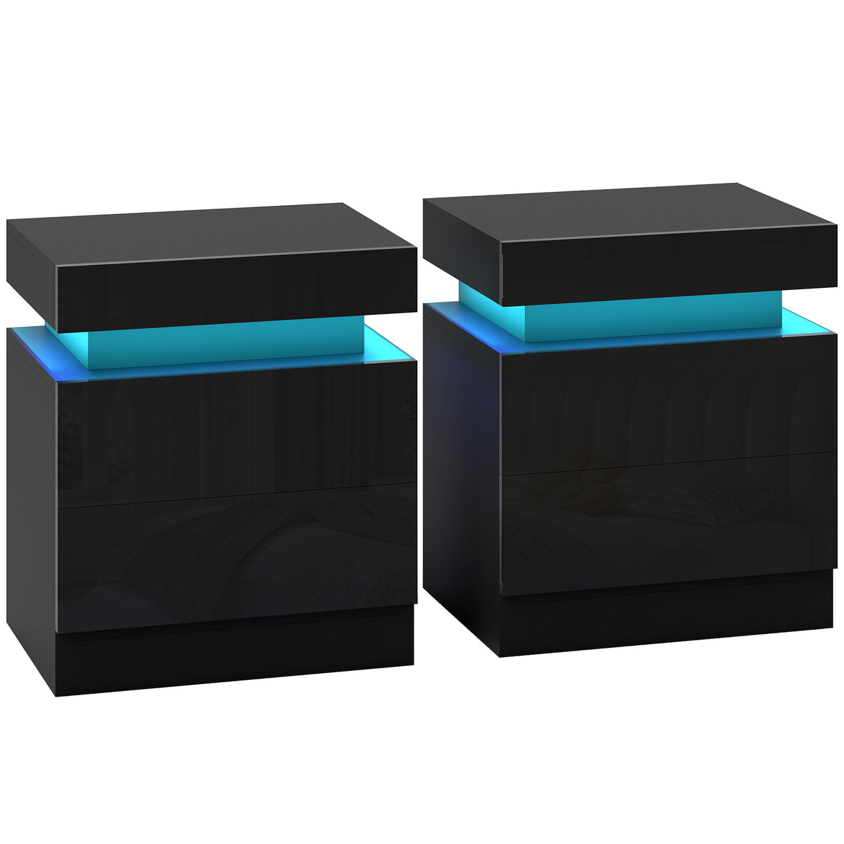 High Gloss Bedside Cabinet 45cm Wide With 2 Drawers And LED Lights in Set Of 2 - Velmora