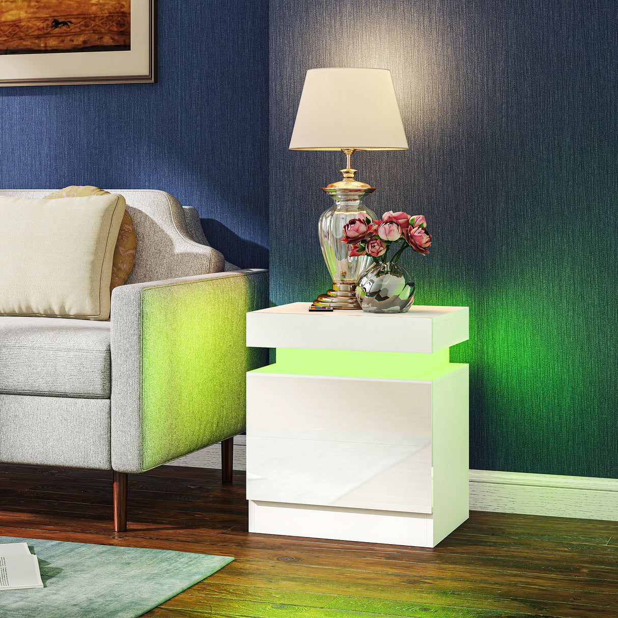 High Gloss Bedside Cabinet 45cm Wide With 2 Drawers And LED Lights in Set Of 2 - Velmora