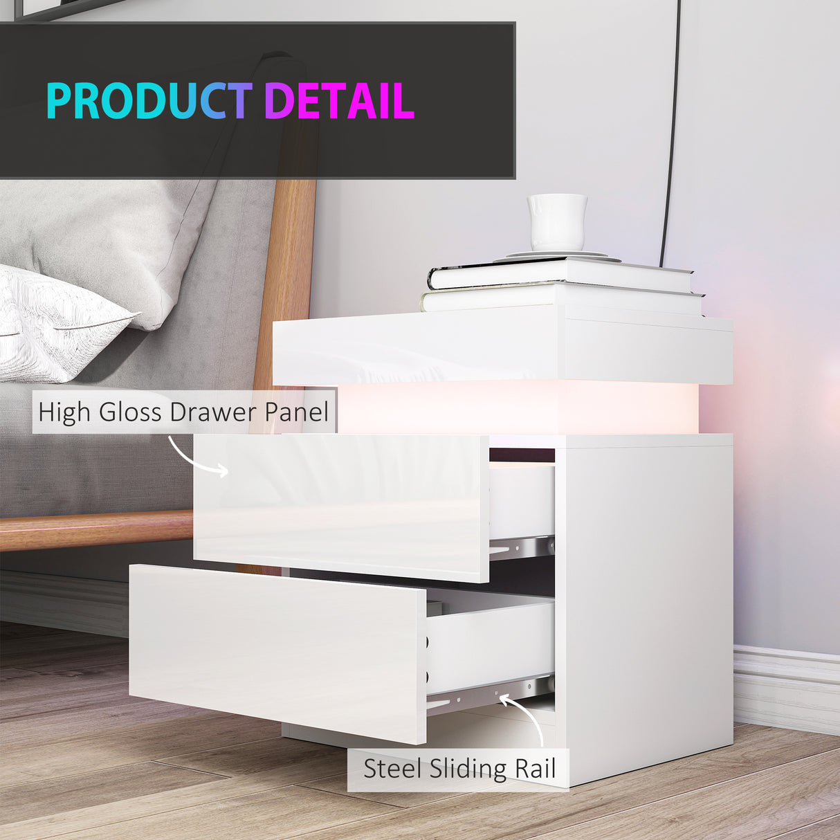 High Gloss Bedside Cabinet 45cm Wide With 2 Drawers And LED Lights in Set Of 2 - Velmora