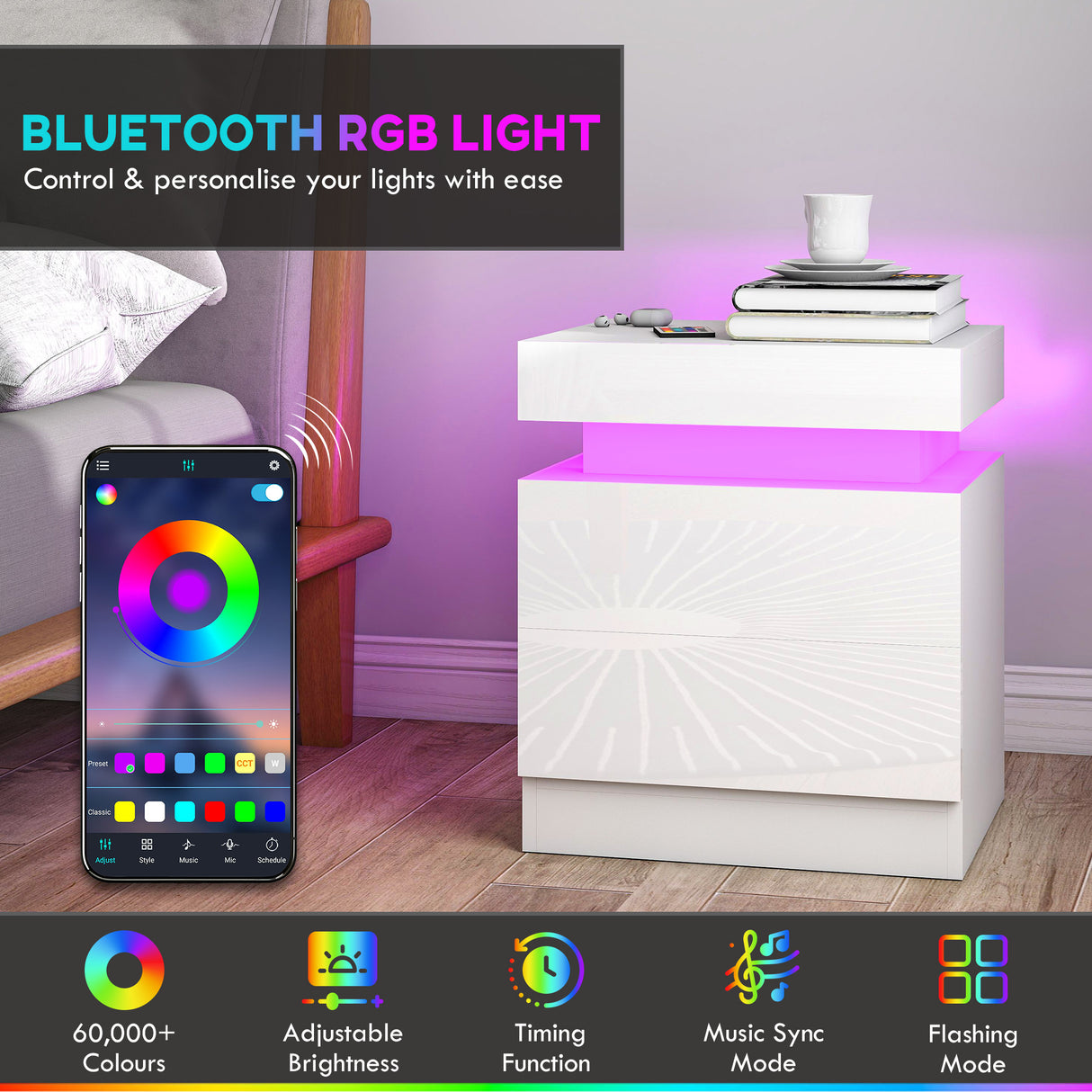 High Gloss Bedside Cabinet 45cm Wide With 2 Drawers And LED Lights in Set Of 2 - Velmora