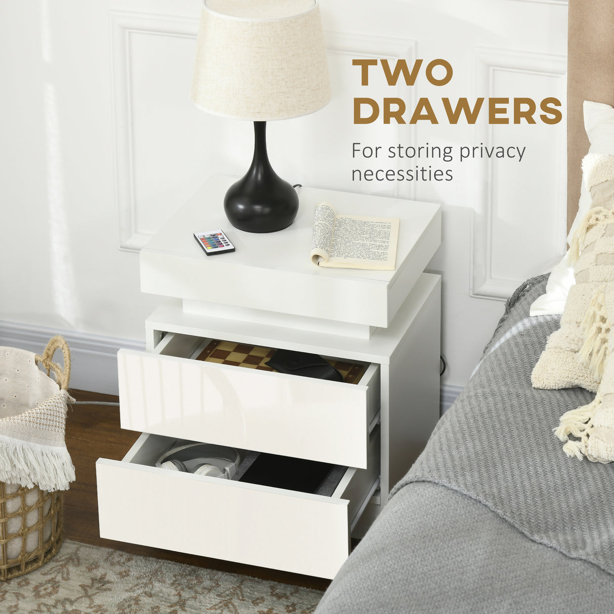 High Gloss Bedside Cabinet 45cm Wide With 2 Drawers And LED Lights - Velmora