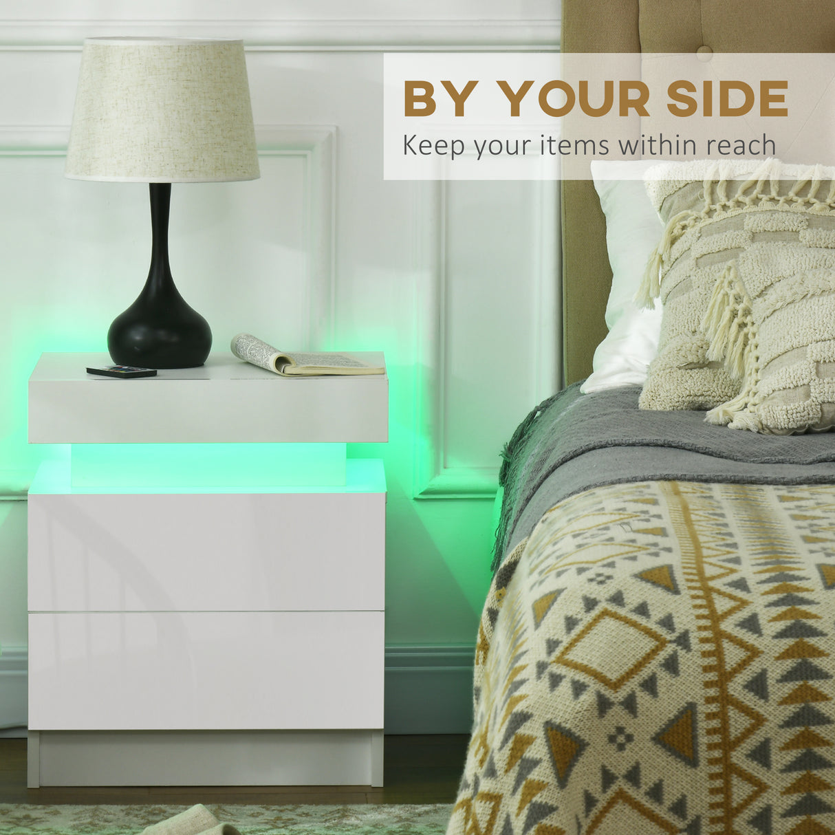 High Gloss Bedside Cabinet 45cm Wide With 2 Drawers And LED Lights - Velmora