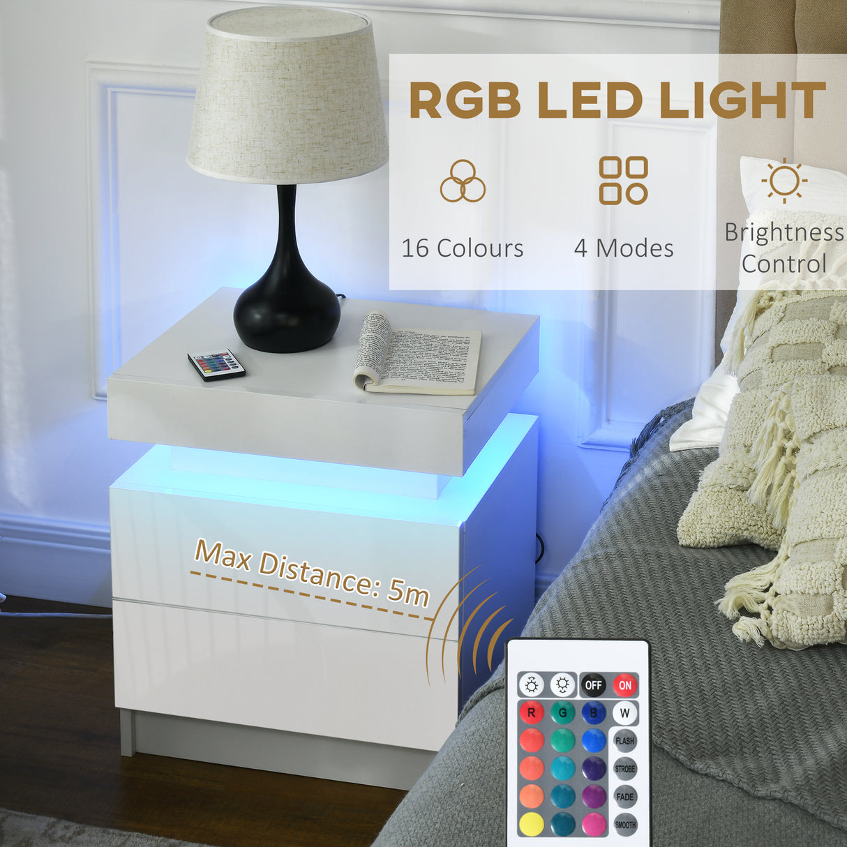 High Gloss Bedside Cabinet 45cm Wide With 2 Drawers And LED Lights - Velmora