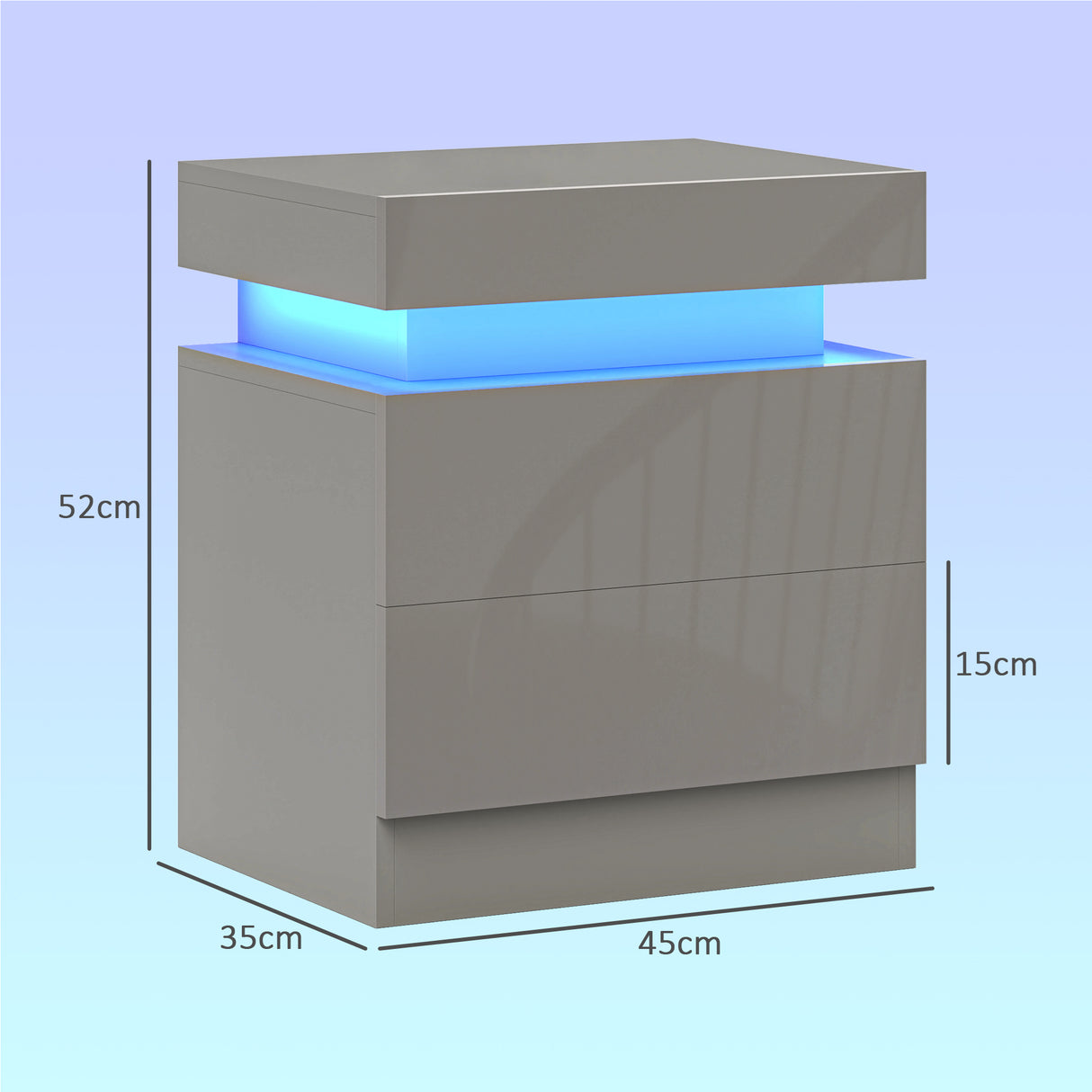 High Gloss Bedside Cabinet 45cm Wide With 2 Drawers And LED Lights - Velmora