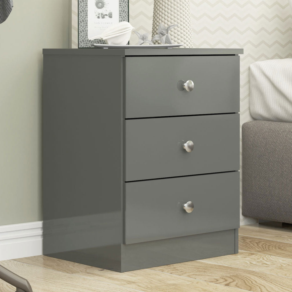 High Gloss Bedside Cabinet With 3 Drawers - Denver