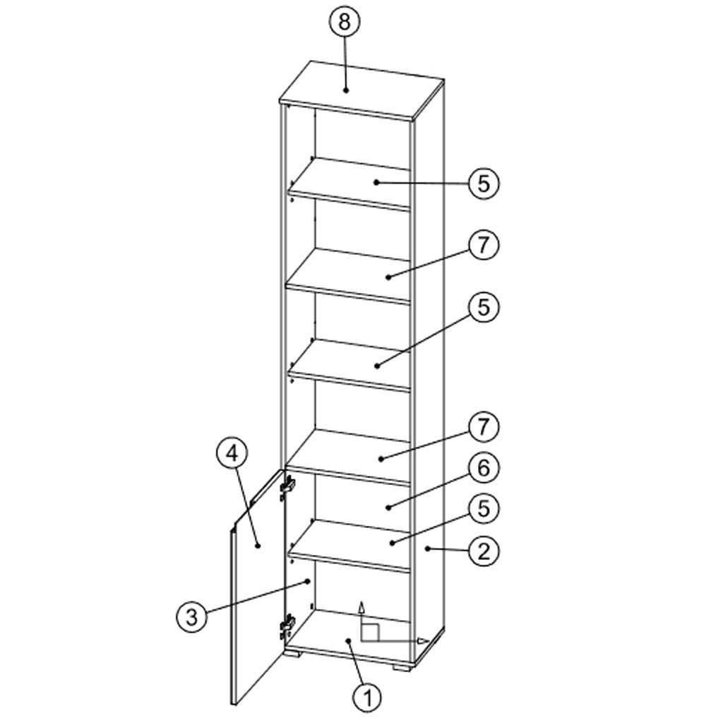 High Gloss Bookcase Narrow With 1 Door - Salina