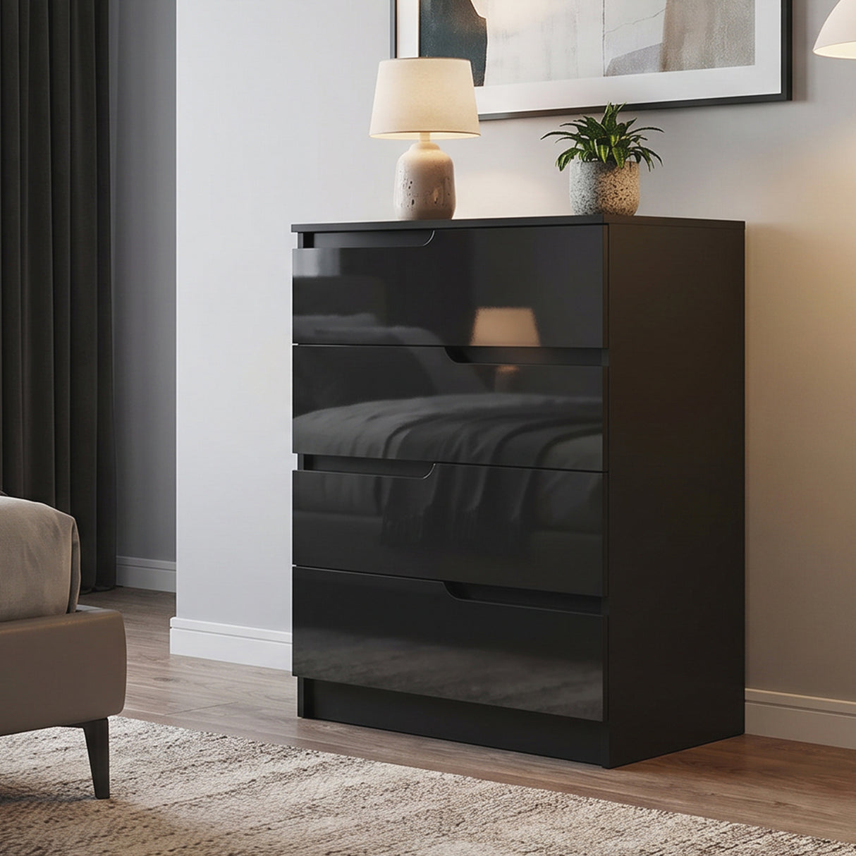High Gloss Chest Of 4 Drawers 60cm Wide - Velmora