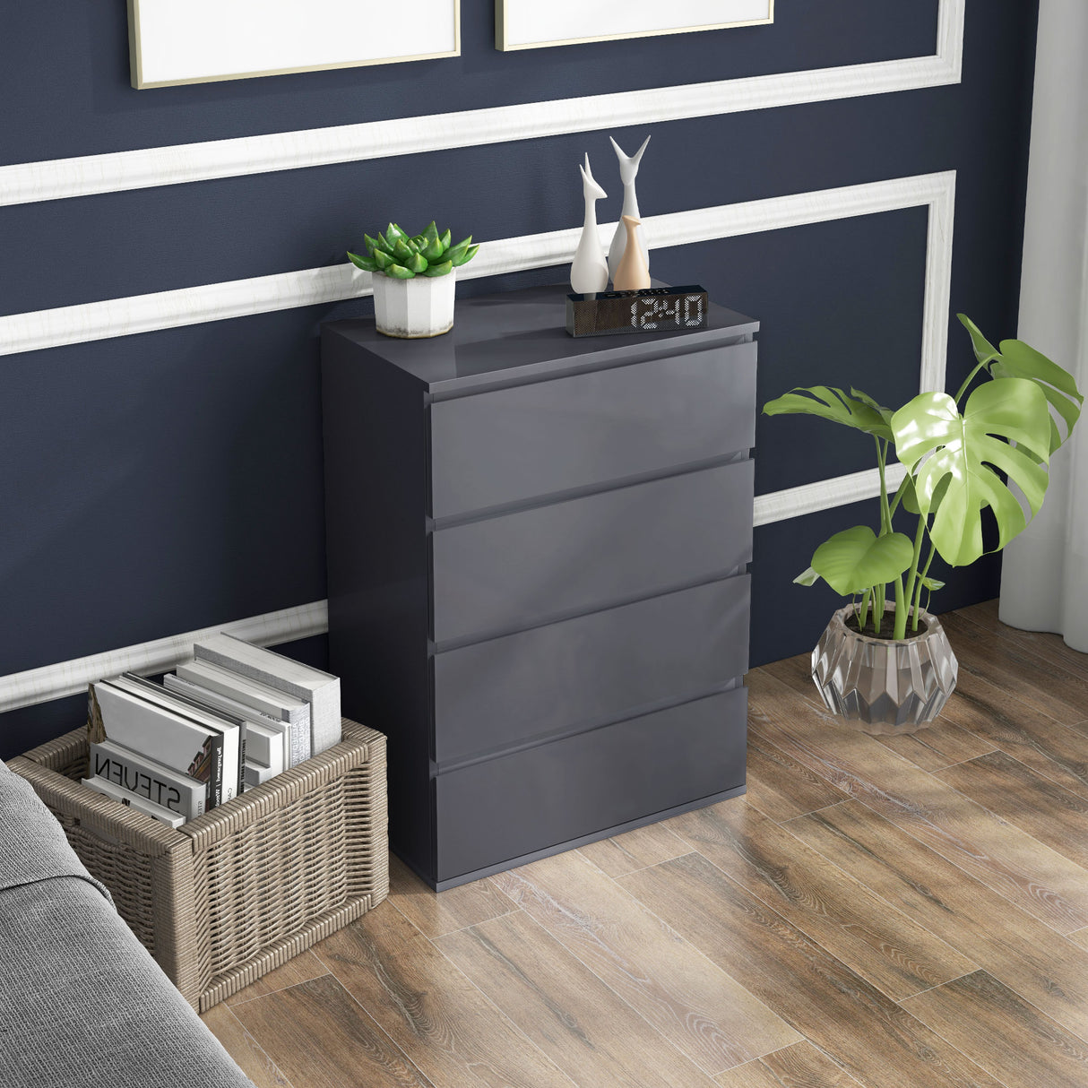 High Gloss Chest Of 4 Drawers 80cm H x 55cm W x 33cm D - Velmora