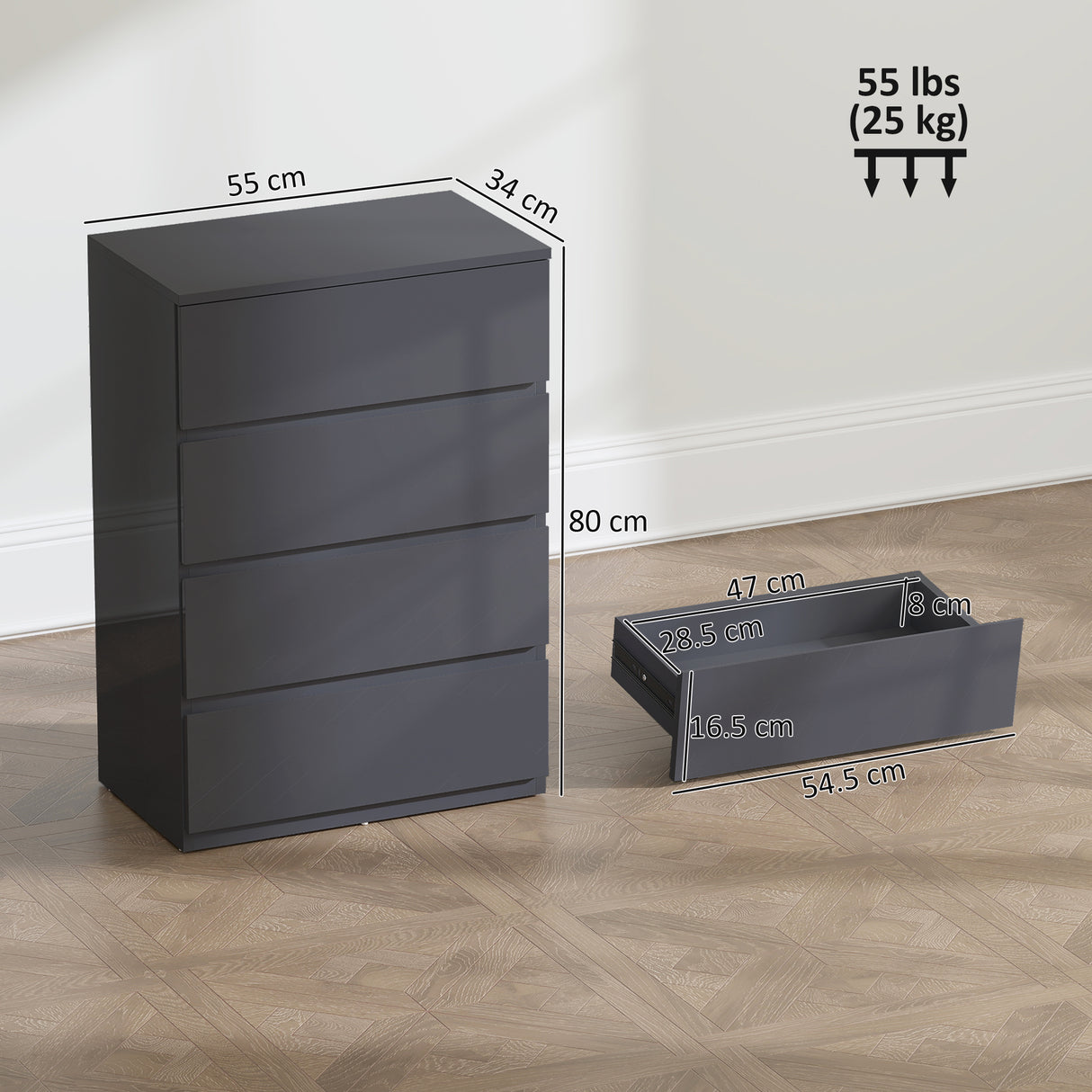 High Gloss Chest Of 4 Drawers 80cm H x 55cm W x 34cm D - Velmora