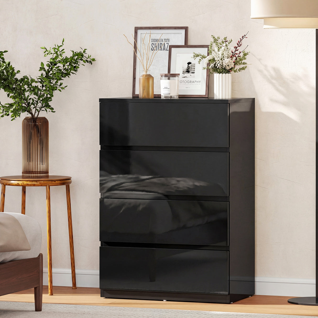 High Gloss Chest Of 4 Drawers 80cm H x 55cm W x 34cm D - Velmora