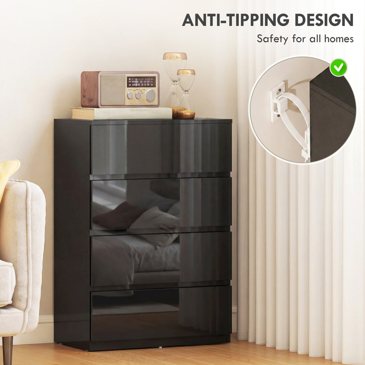 High Gloss Chest Of 4 Drawers 80cm H x 55cm W x 34cm D - Velmora