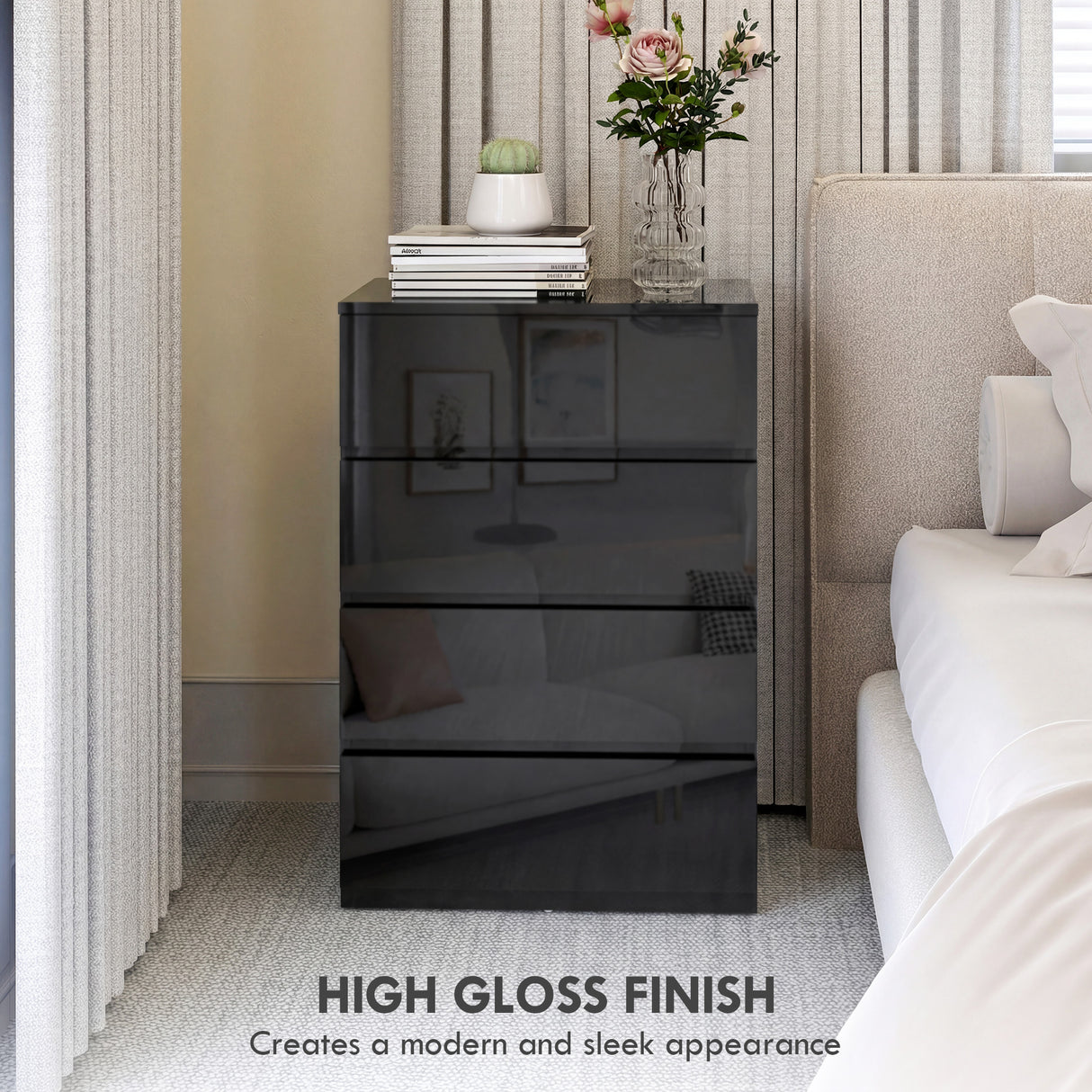 High Gloss Chest Of 4 Drawers 80cm H x 55cm W x 34cm D - Velmora