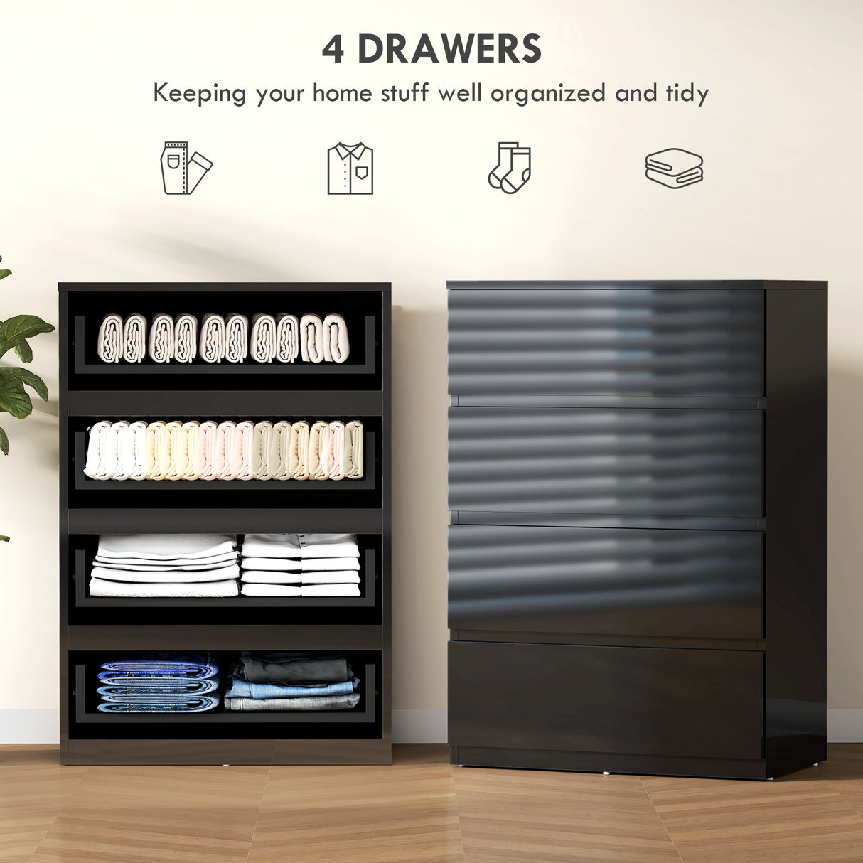 High Gloss Chest Of 4 Drawers 80cm H x 55cm W x 34cm D - Velmora