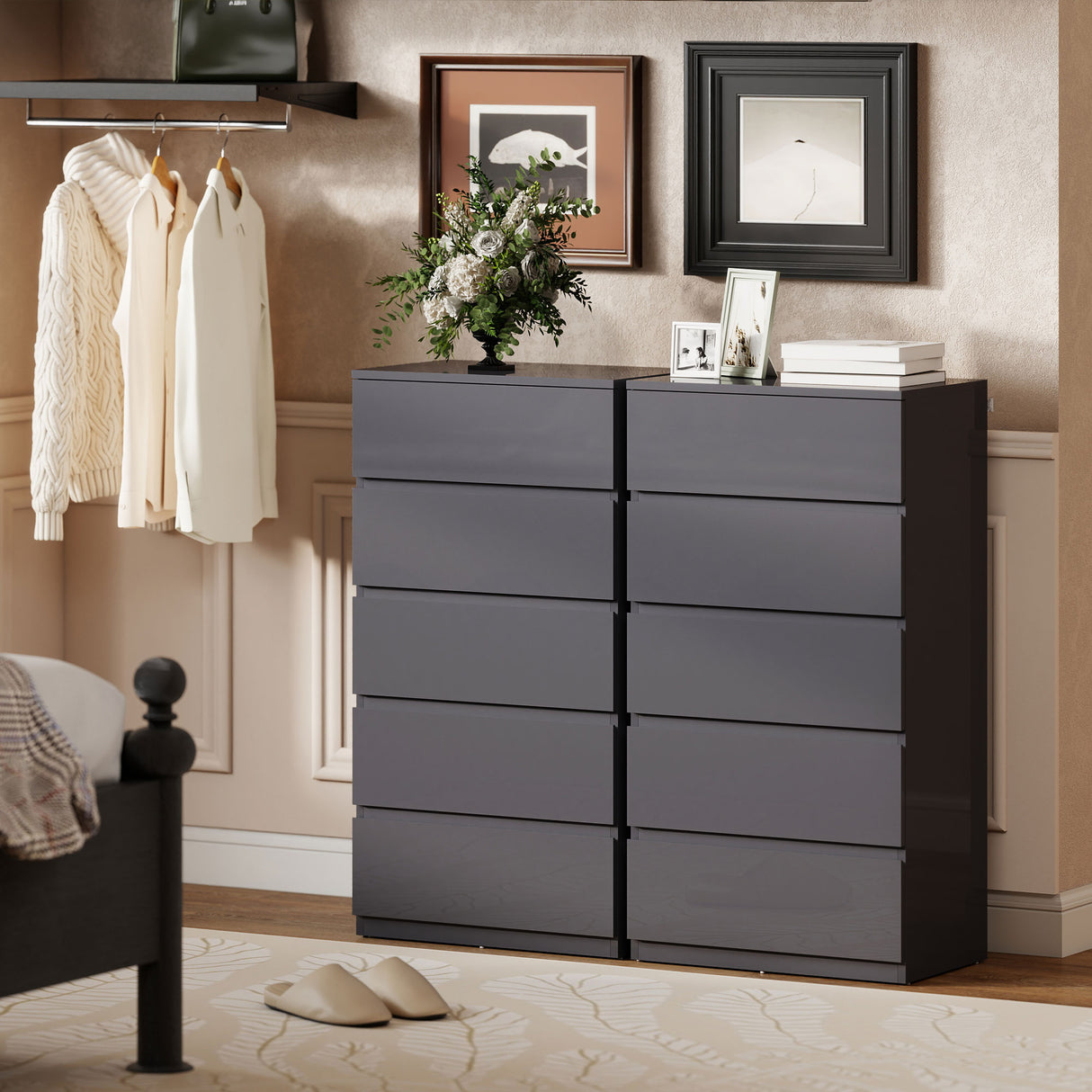 High Gloss Chest Of 5 Drawers 100cm H x 55cm W x 34cm D - Velmora