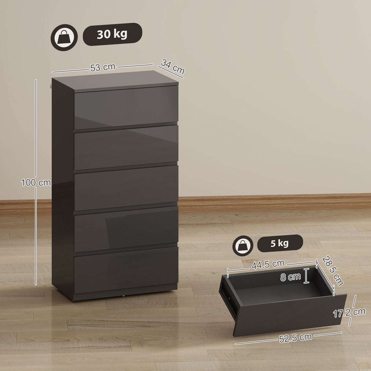High Gloss Chest Of 5 Drawers 100cm H x 55cm W x 34cm D - Velmora