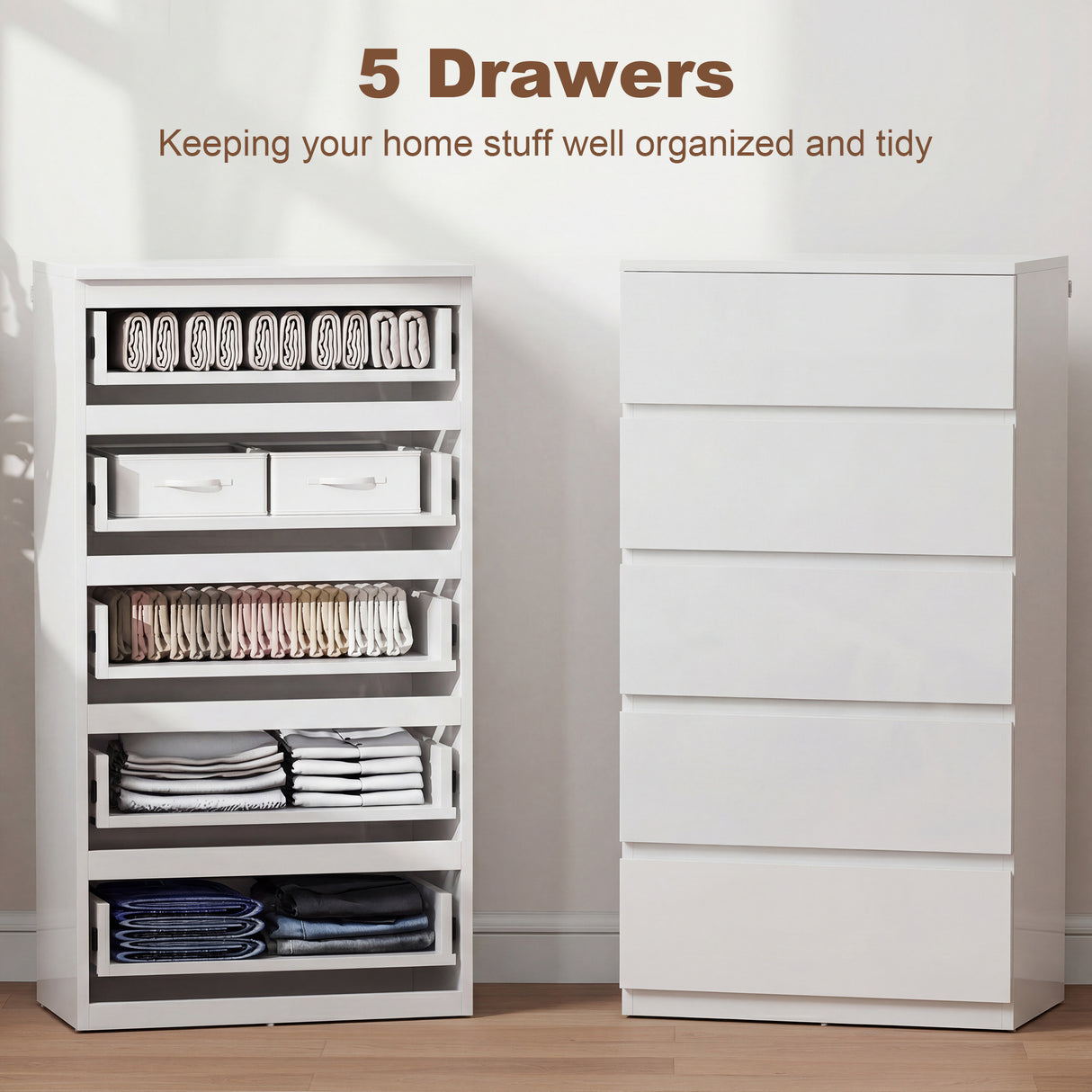 High Gloss Chest Of 5 Drawers 100cm H x 55cm W x 34cm D - Velmora