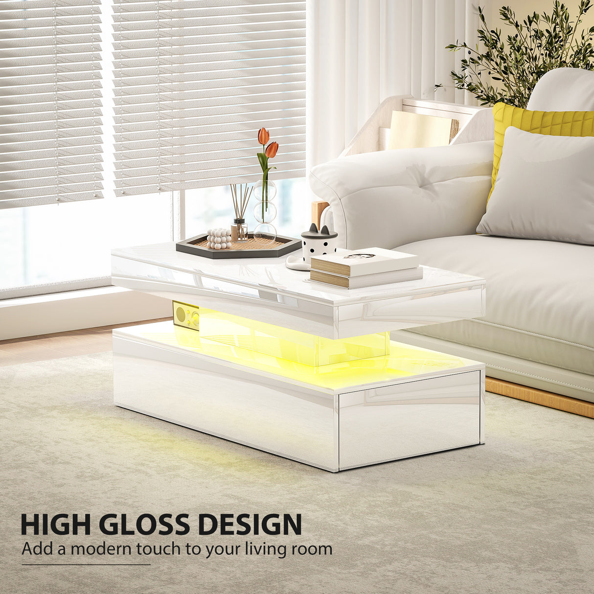 High Gloss Coffee Table Rectangular With Storage And LED Lights - Velmora