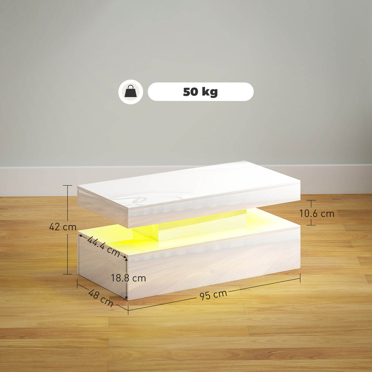 High Gloss Coffee Table Rectangular With Storage And LED Lights - Velmora