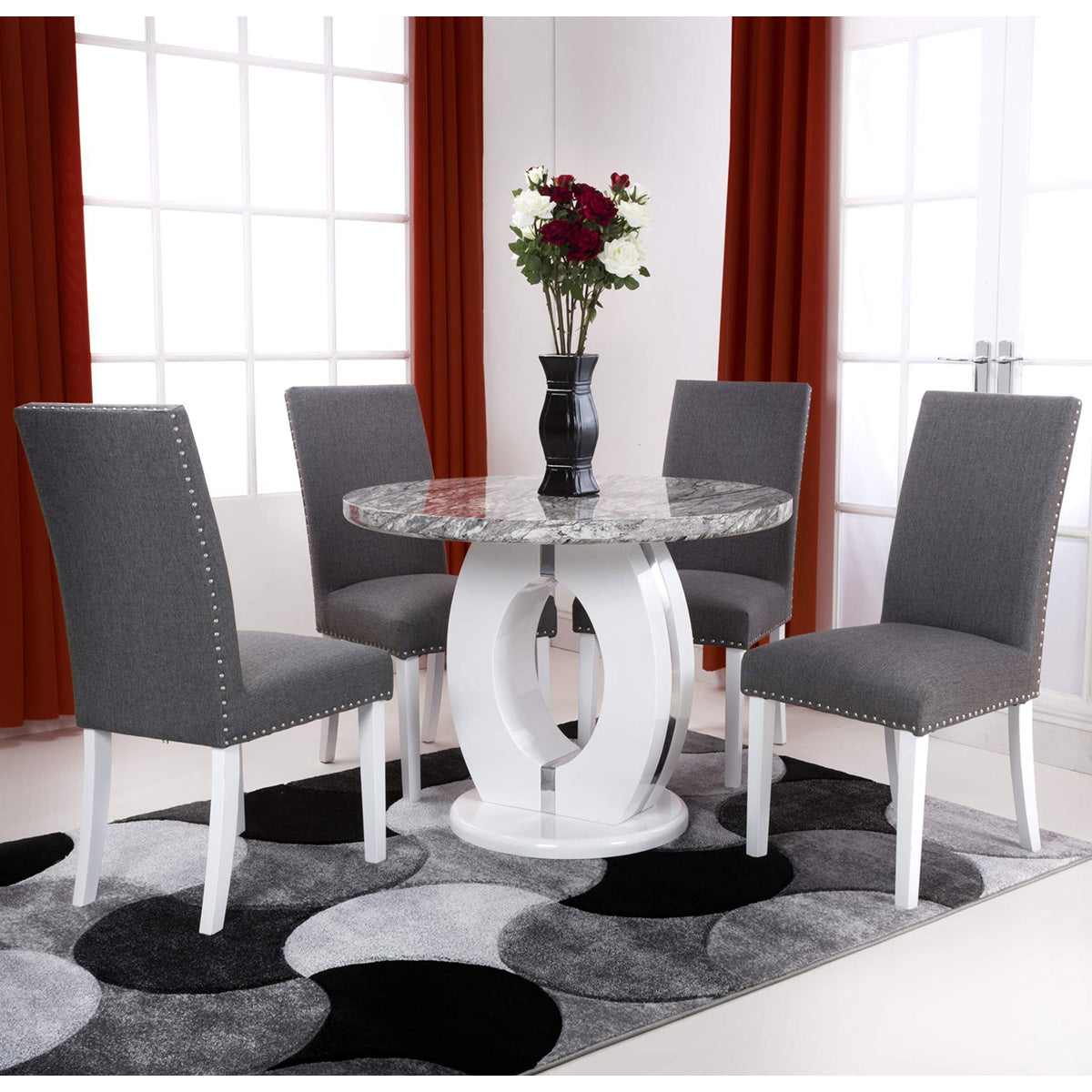 High Gloss Dining Table for 4 People 100cm Wide Round in Marble Effect - Neptune
