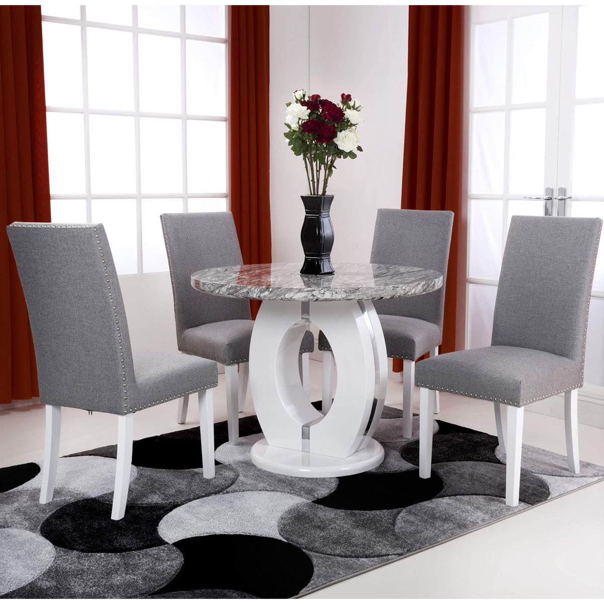 High Gloss Dining Table for 4 People 100cm Wide Round in Marble Effect - Neptune