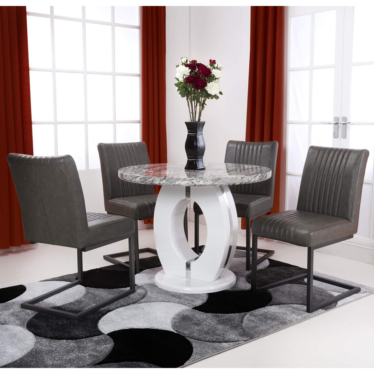 High Gloss Dining Table for 4 People 100cm Wide Round in Marble Effect - Neptune