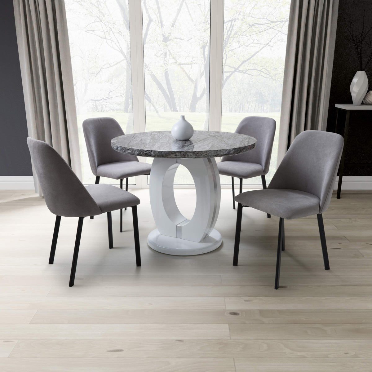 High Gloss Dining Table for 4 People 100cm Wide Round in Marble Effect - Neptune