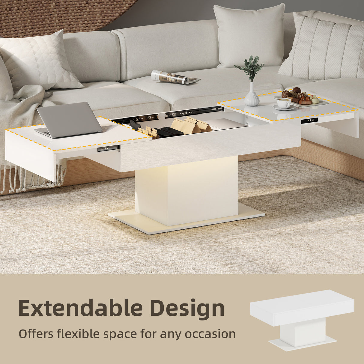 High Gloss Extendable Coffee Table With LED Lights And Storage - Velmora