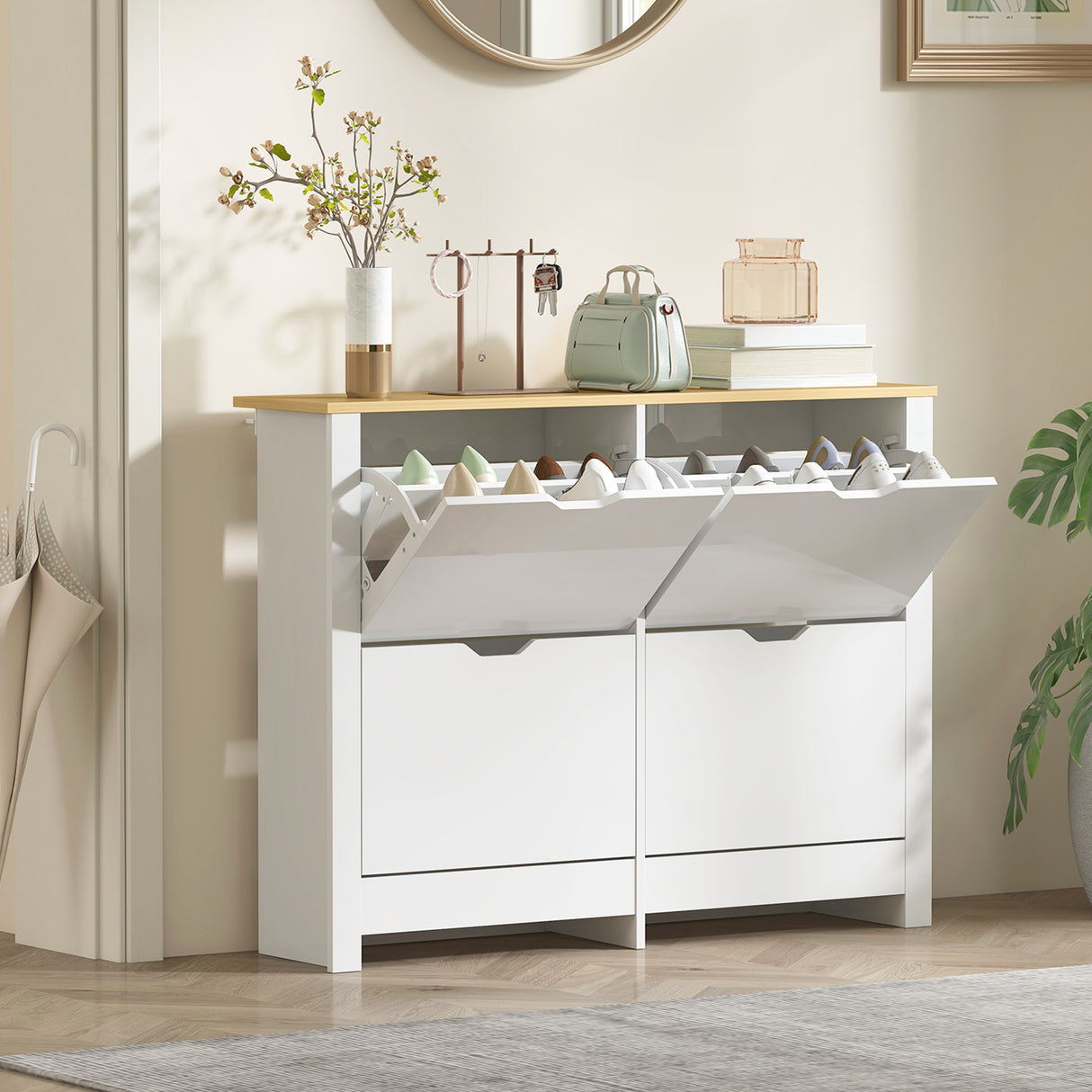 High Gloss Shoe Storage Cabinet 105cm Wide With 4 Flip Doors - Velmora