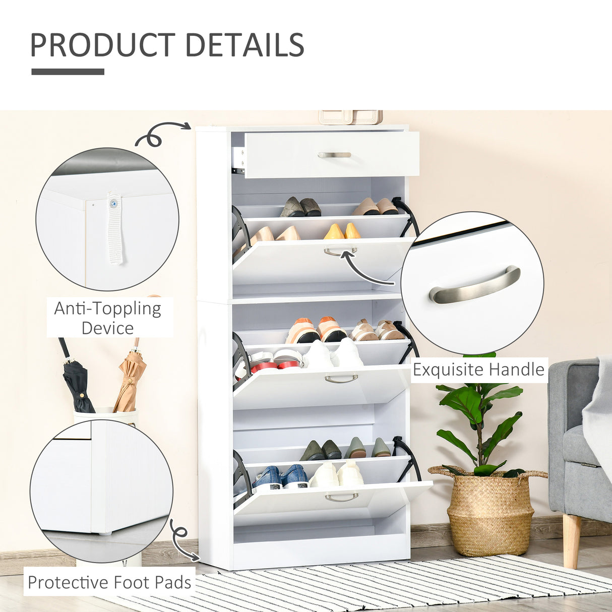 High Gloss Shoe Storage Cabinet 62cm Wide With 3 Flip Doors And 1 Drawer - Velmora