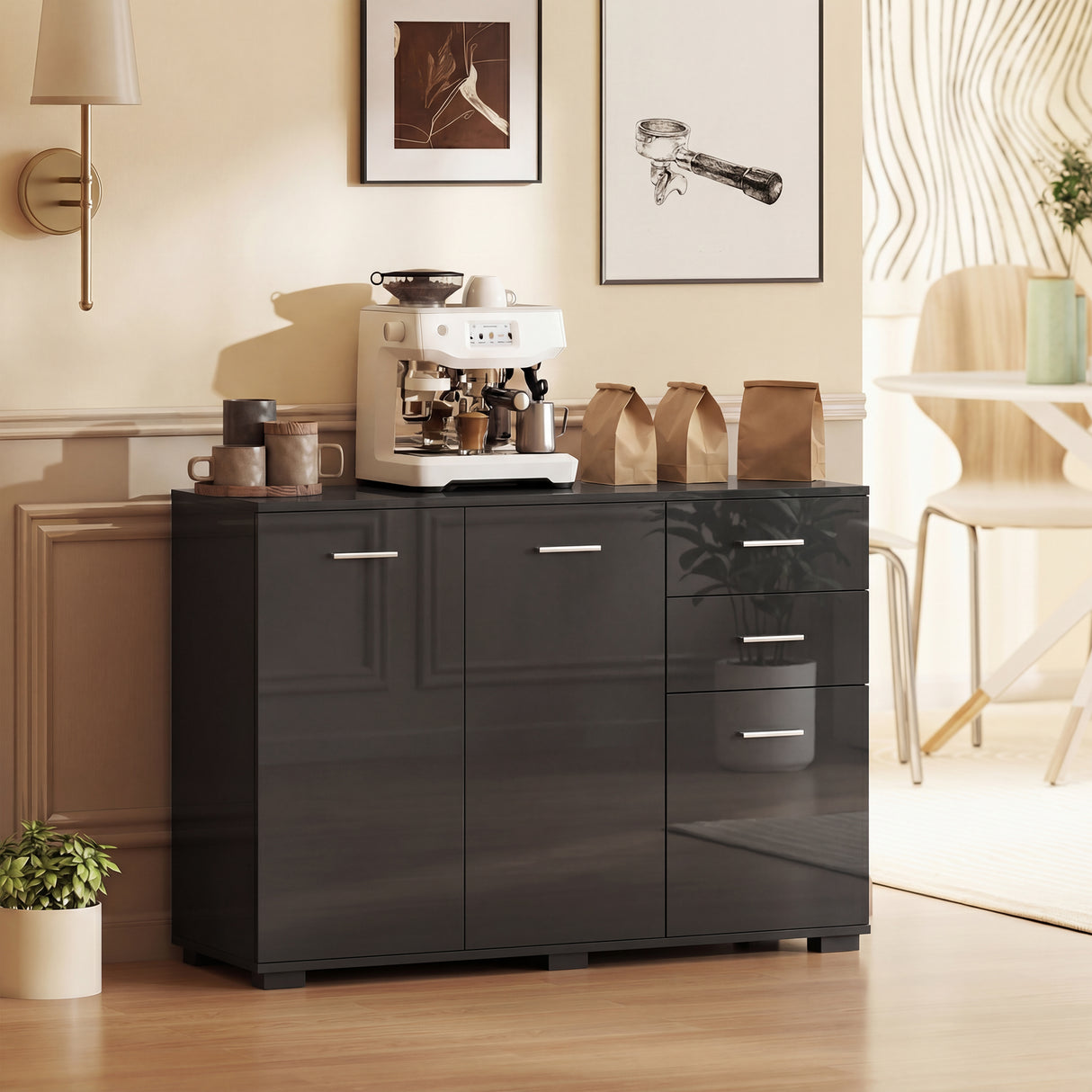 High Gloss Sideboard 106cm Wide With 3 Doors 2 Drawers And Polished Handles - Velmora