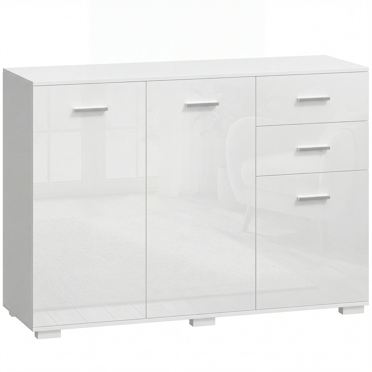 High Gloss Sideboard 106cm Wide With 3 Doors And 2 Drawers - Velmora