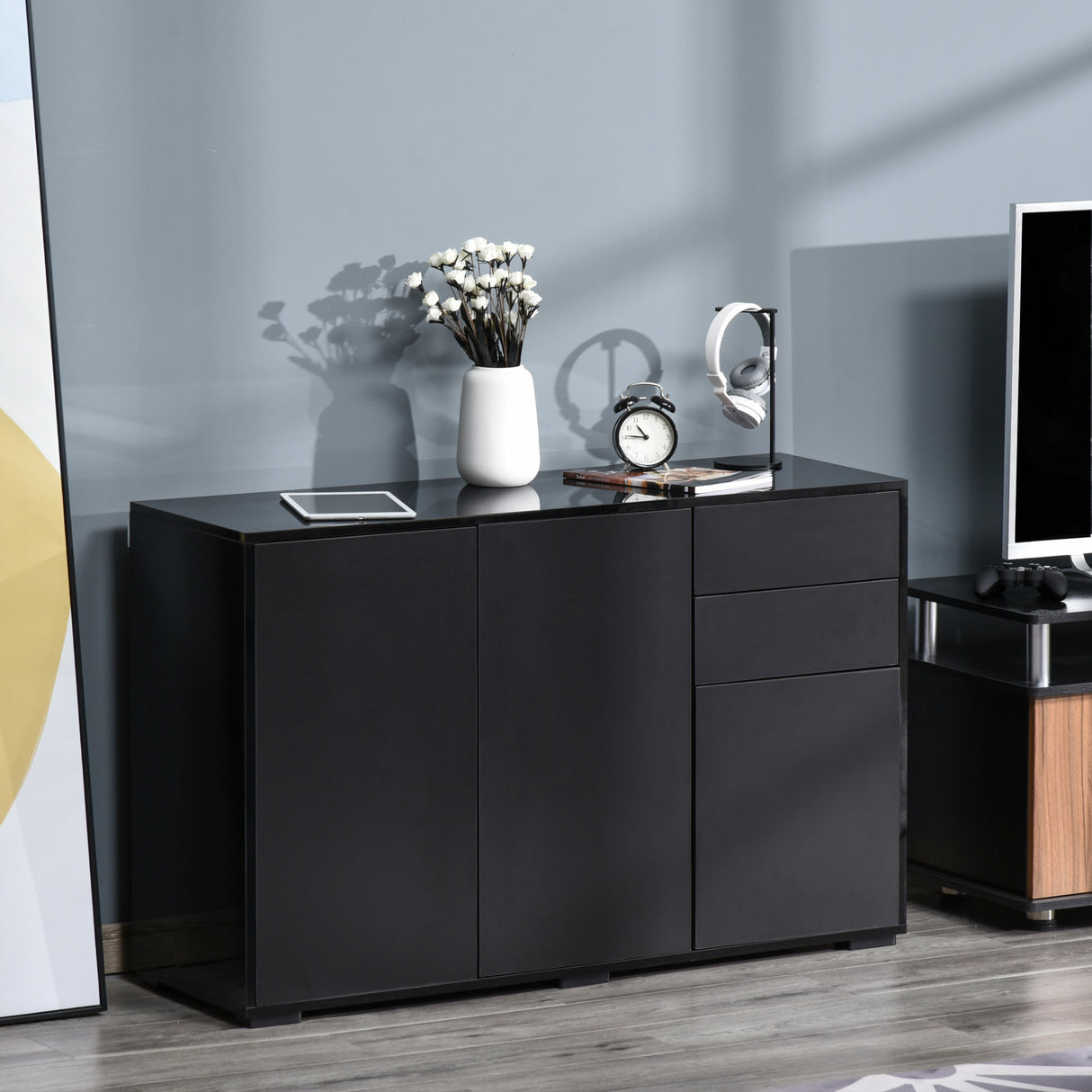 High Gloss Sideboard 117cm Wide With 3 Doors And 2 Drawers - Velmora