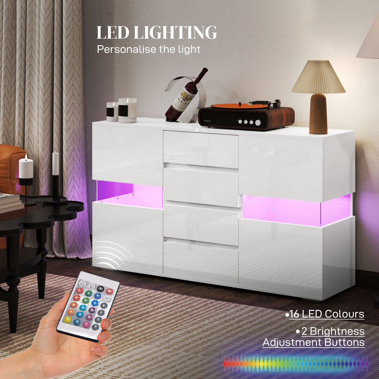 High Gloss Sideboard 120cm Wide With 2 Doors 4 Drawers And LED Lights - Velmora