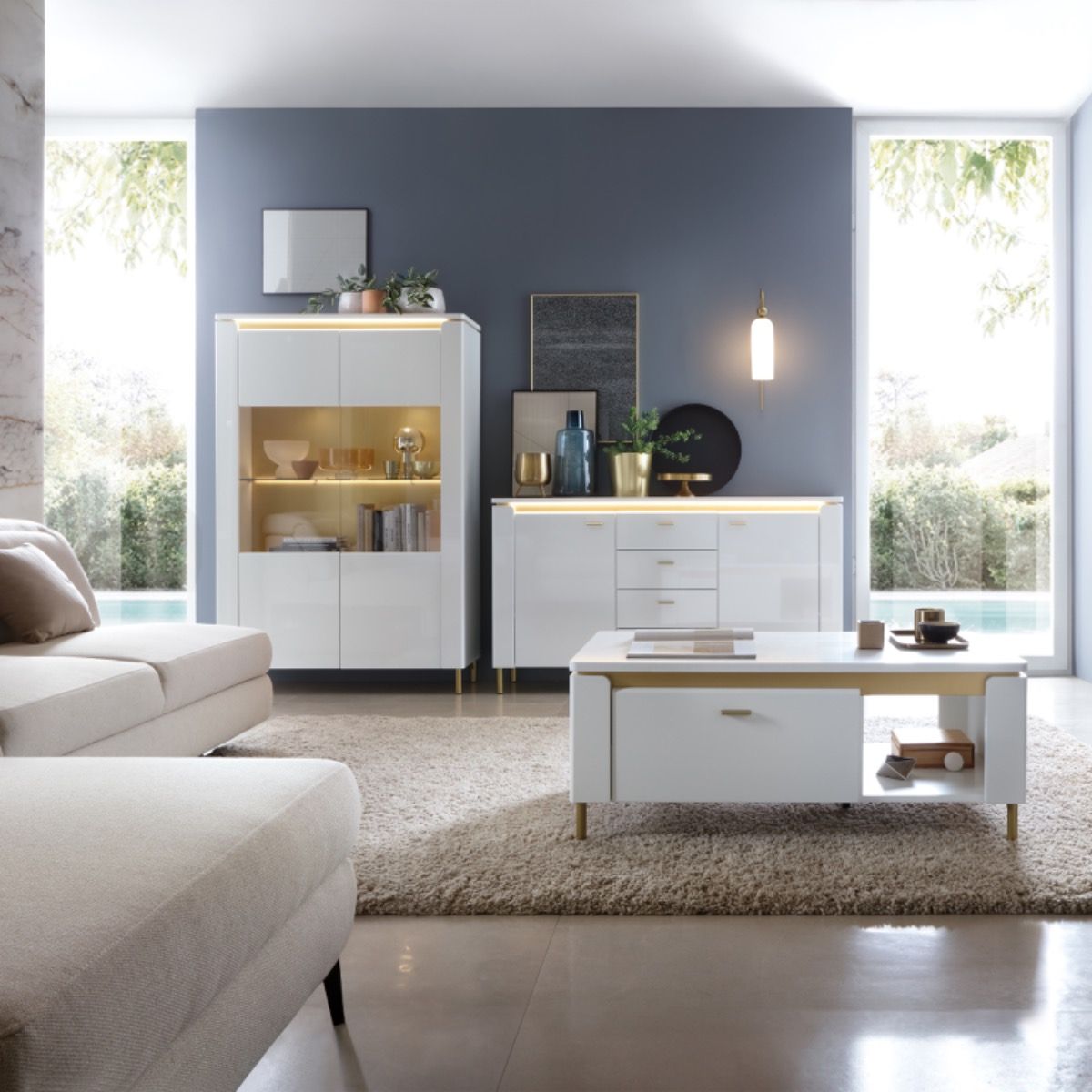 High Gloss Sideboard With 2 Doors 4 Drawers And LED Lights - Lazio