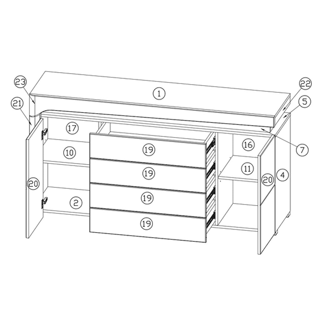 High Gloss Sideboard With 2 Doors 4 Drawers And LED Lights - Ashburn