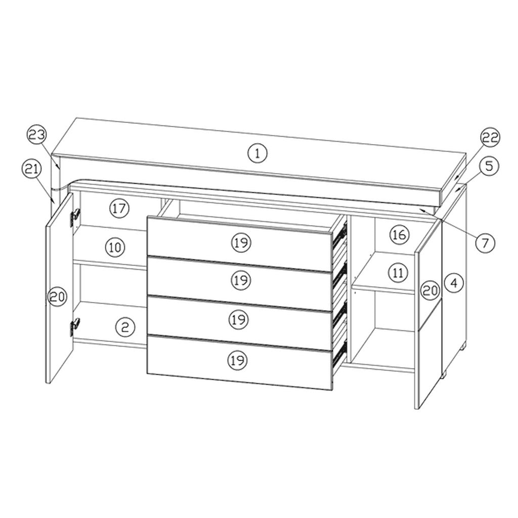 High Gloss Sideboard With 2 Doors 4 Drawers And LED Lights - Cedar