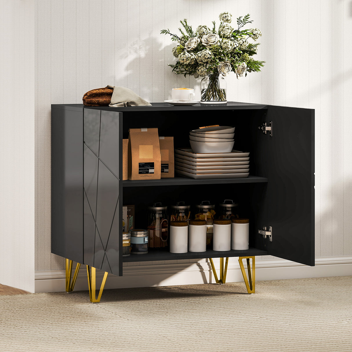 High Gloss Storage Cabinet 80cm Wide With 2 Doors - Velmora