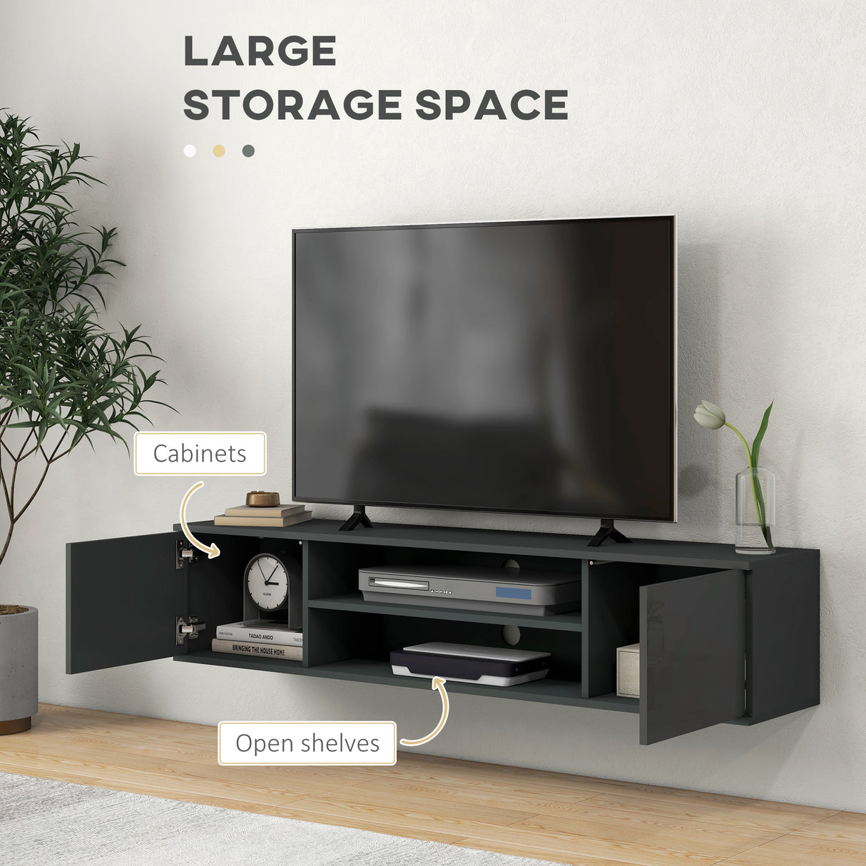 High Gloss TV Stand 140cm Wide Wall Mounted With 2 Doors - Velmora