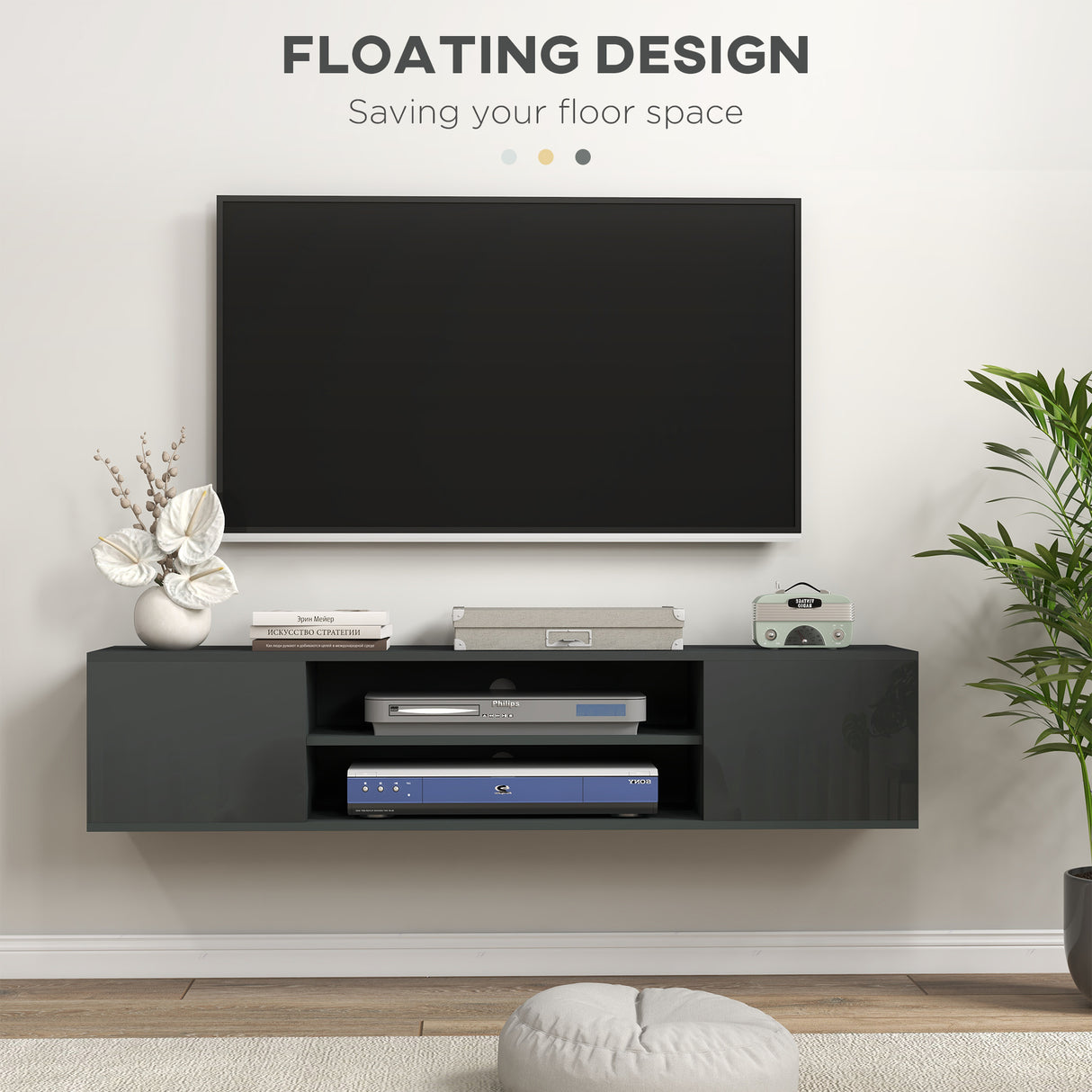 High Gloss TV Stand 140cm Wide Wall Mounted With 2 Doors - Velmora