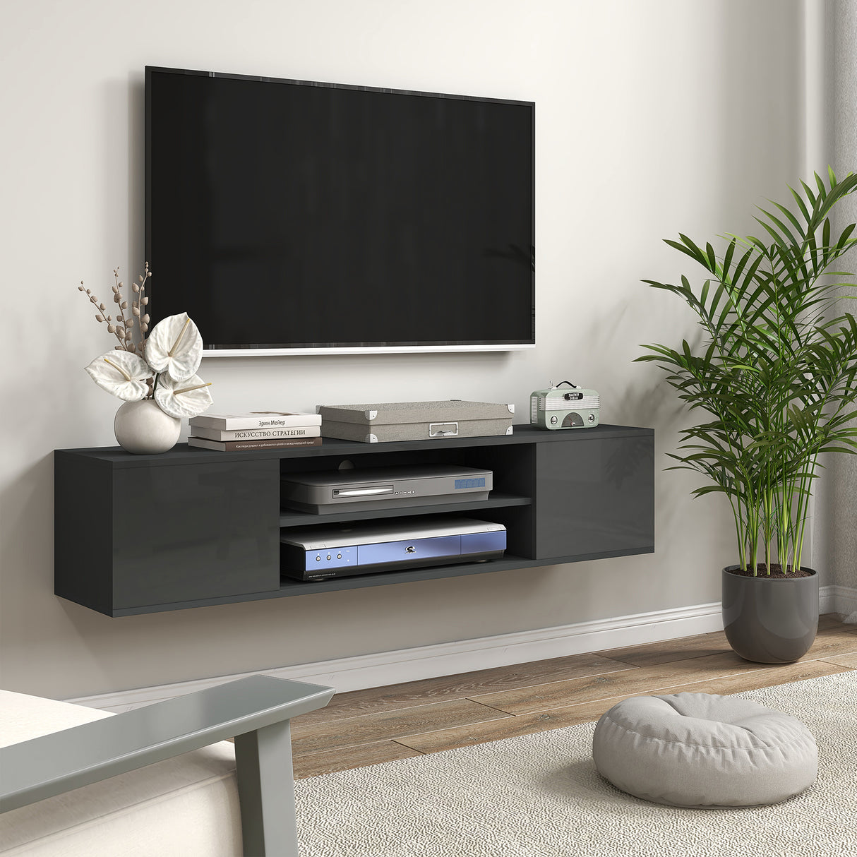 High Gloss TV Stand 140cm Wide Wall Mounted With 2 Doors - Velmora