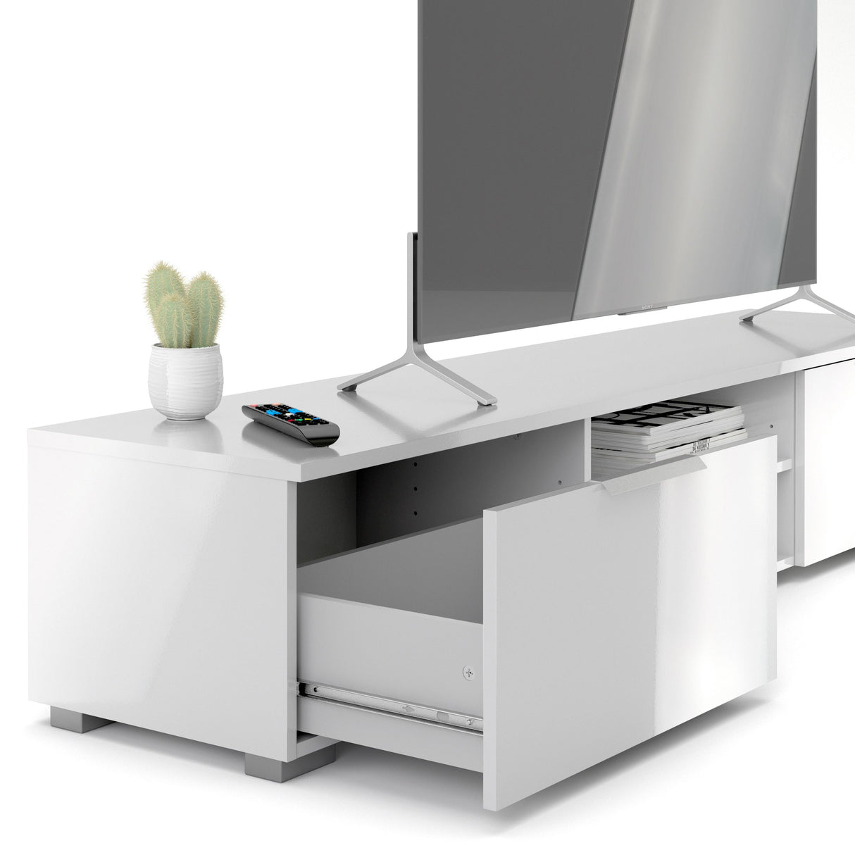 High Gloss TV Stand With 2 Drawers And 2 Shelves - Match