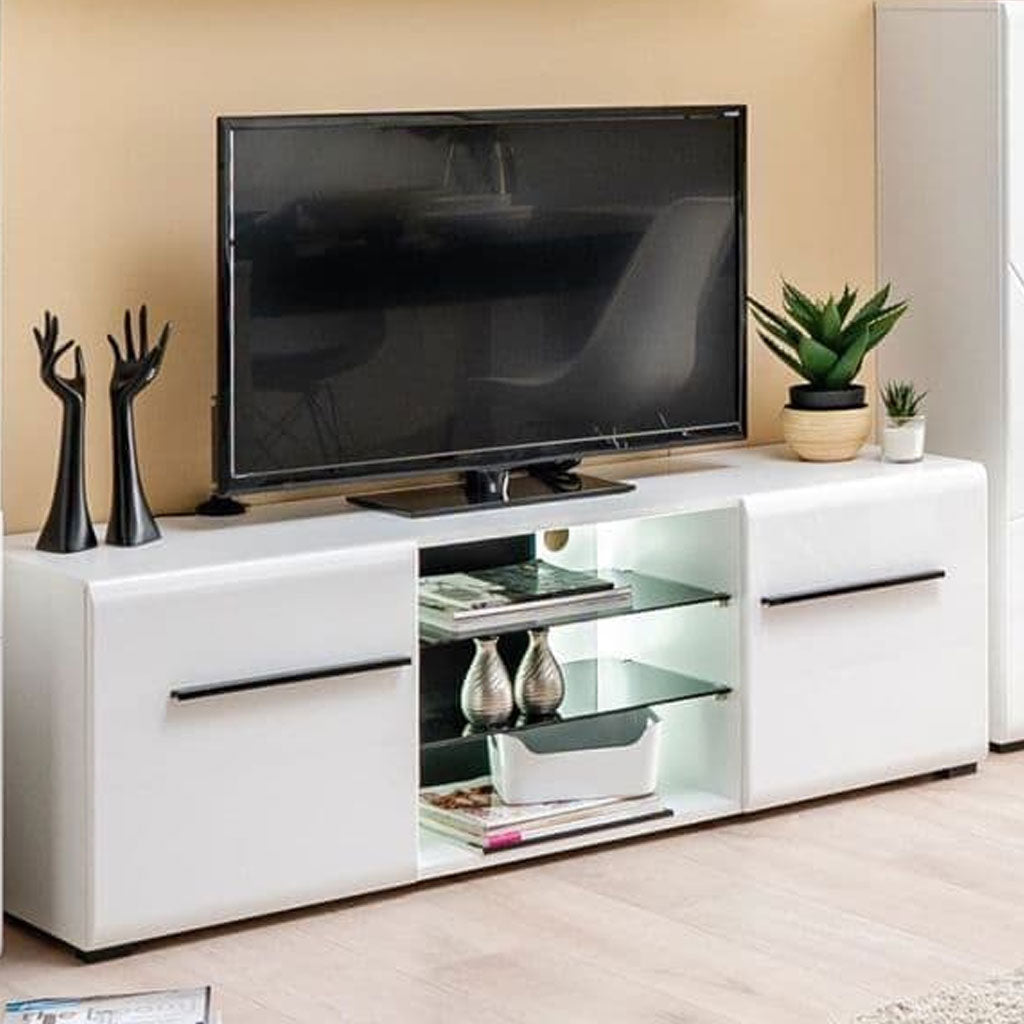High Gloss TV Stand With 2 Doors And 2 Glass Shelves - Truro